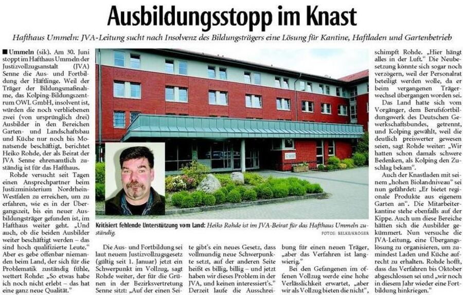 Zeitungsartikel Neue Westfälische vom 30.05.2015 Ausbildungsstopp im Knast