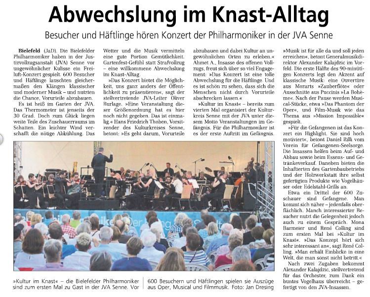 Zeitungsartikel Westfalen-Blatt vom 03.07.2015 Abweschlung im Knast-Alltag