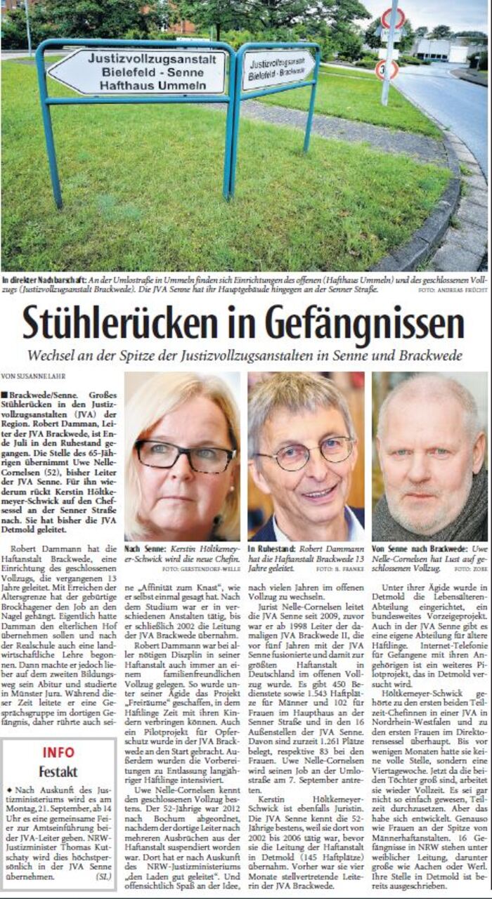 Zeitungsartikel Neue Westfälische vom 09.08.2015 Stühlerücken in Gefängnissen