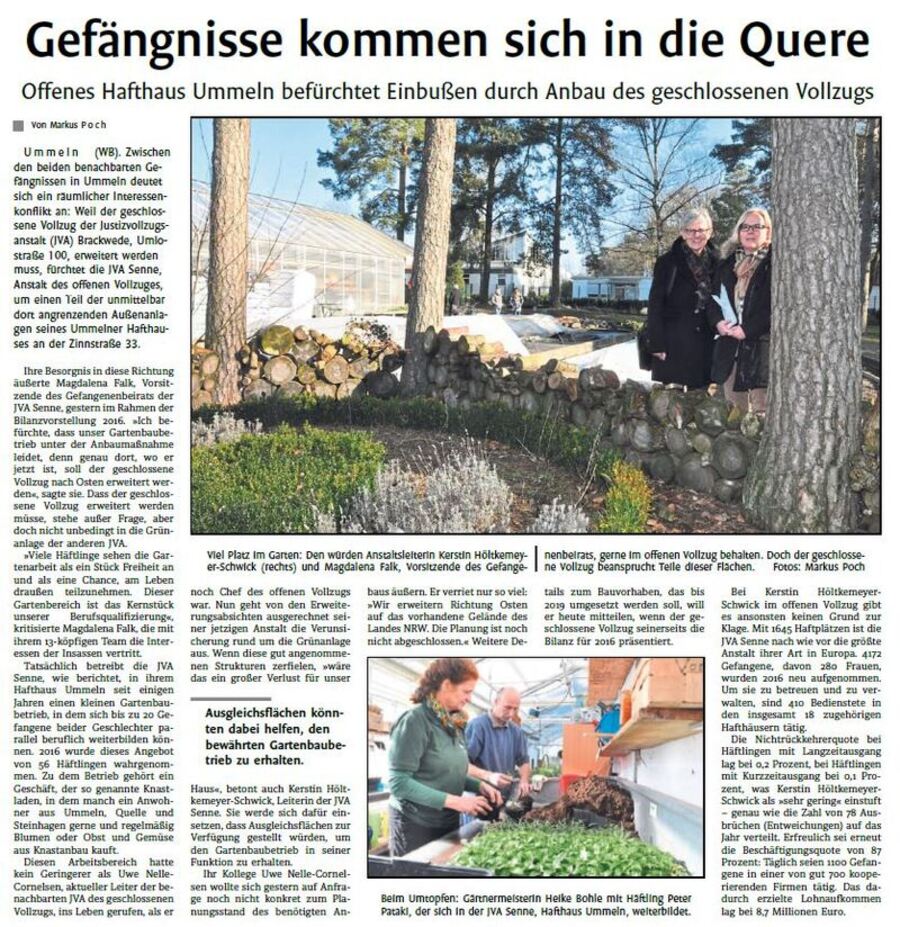 Zeitungsartikel Westfalenblatt vom 16.02.2017 Gefängnisse kommen sich in die Quere