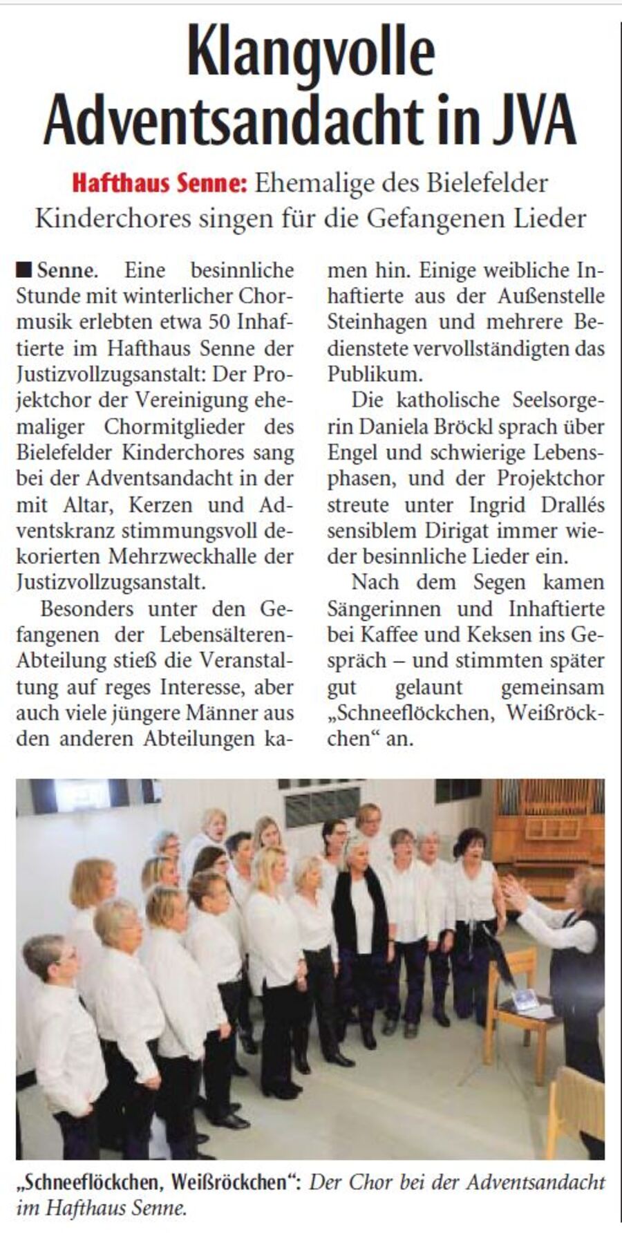 Zeitungsartikel Neue Westfälische vom 14.12.2018 Klangvolle Adventsandacht in JVA
