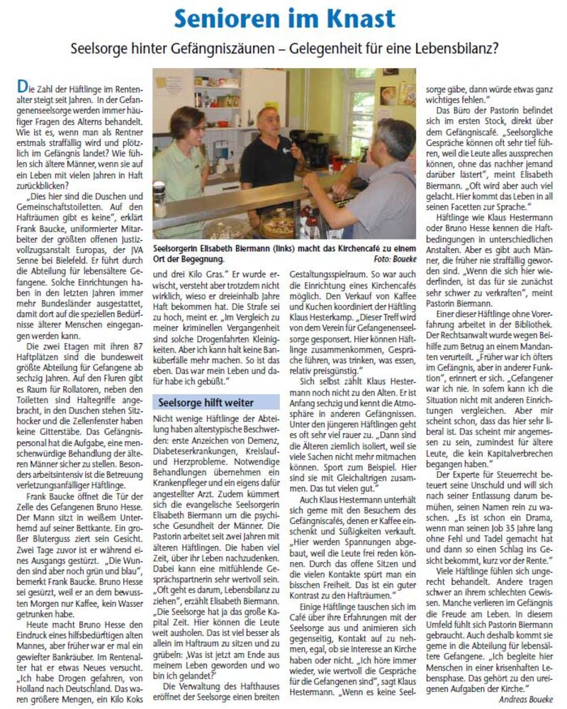 Zeitungsartikel Evangelisches Sonntagsblatt vom 16.12.2018 Senioren im Knast