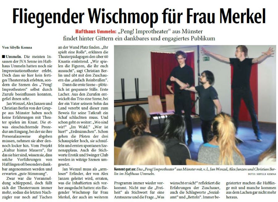 Zeitungsartikel Neue Westfälische vom 11.04.2019 Fliegender Wischmop für Frau Merkel