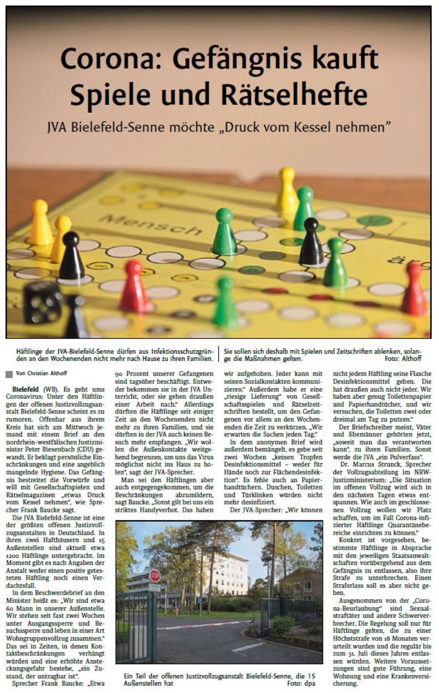 Zeitungsartikel Westfalen-Blatt vom 27.03.2020 Corona: Gefängnis kauft Spiele und Rätselhefte