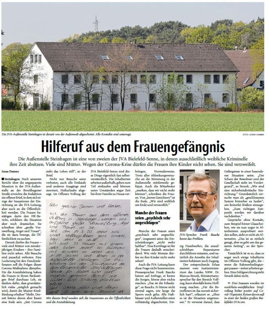 Zeitungsartikel Haller Kreisblatt vom 25.04.2020 Hilferuf aus dem Frauengefängnis