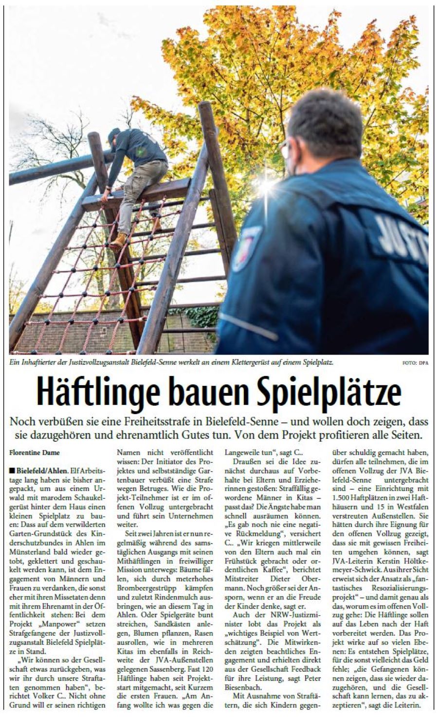 Zeitungsartikel Neue Westfälische vom 23.11.2020 Häftlinge bauen Spielplätze