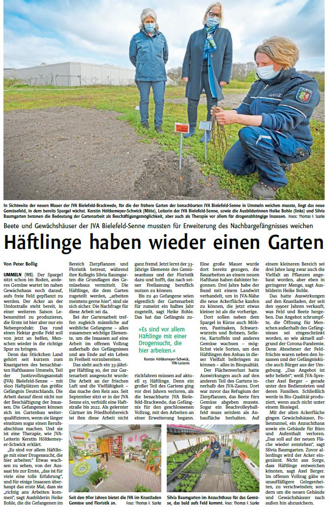 Zeitungsartikel Westfalen-Blatt vom 27.04.2021 Häftlinge haben wieder einen Garten