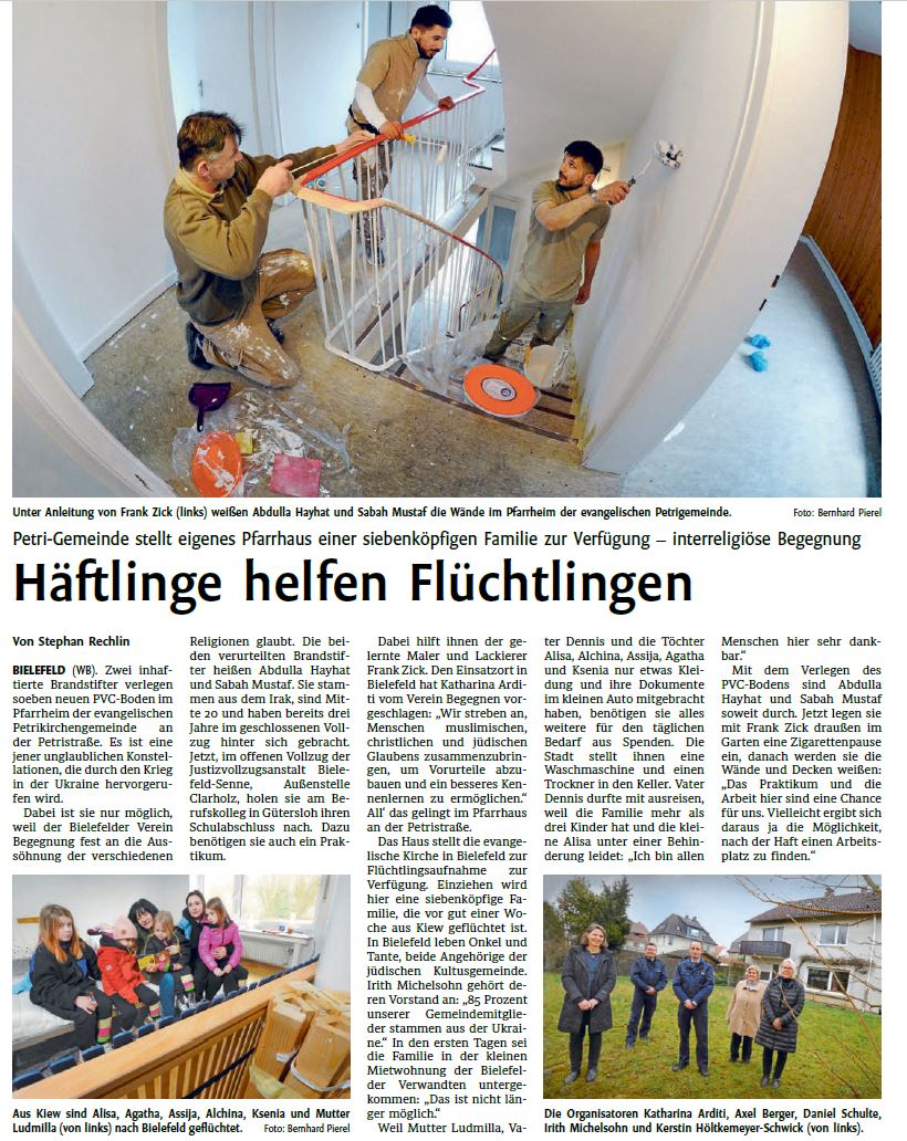 Zeitungsartikel Westfalen-Blatt vom 19.03.2022 Häftlinge helfen Flüchtlingen