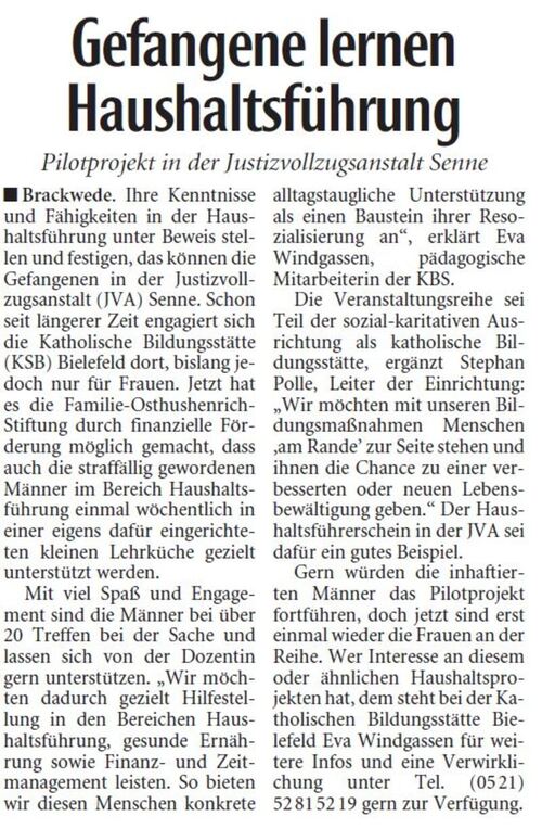 Zeitungsartikel Neue Westfälische vom 22.05.2015 Gefangene lernen Haushaltsführung Zeitungsartikel Neue Westfälische vom 22.05.2015 Gefangene lernen Haushaltsführung