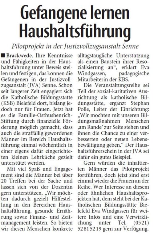 Zeitungsartikel Neue Westfälische vom 22.05.2015 Gefangene lernen Haushaltsführung