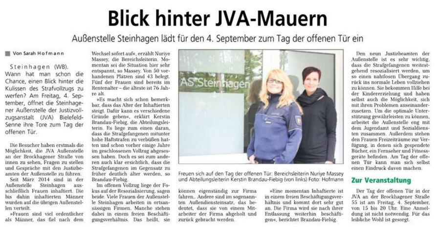 Zeitungsartikel Westfalen-Blatt vom 26.08.2015 Blick hinter JVA-Mauern Zeitungsartikel Westfalen-Blatt vom 26.08.2015 Blick hinter JVA-Mauern