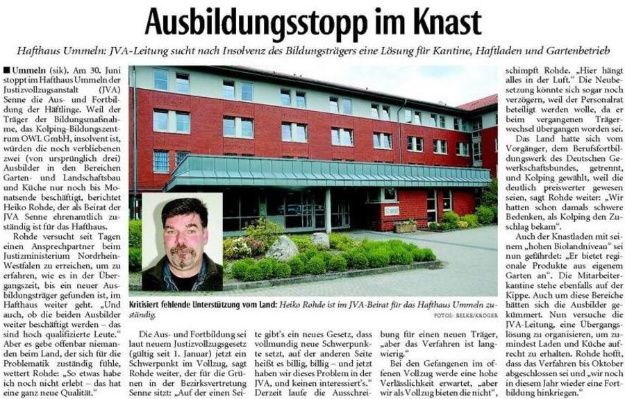 Zeitungsartikel Neue Westfälische vom 30.05.2015 Ausbildungsstopp im Knast Zeitungsartikel Neue Westfälische vom 30.05.2015 Ausbildungsstopp im Knast