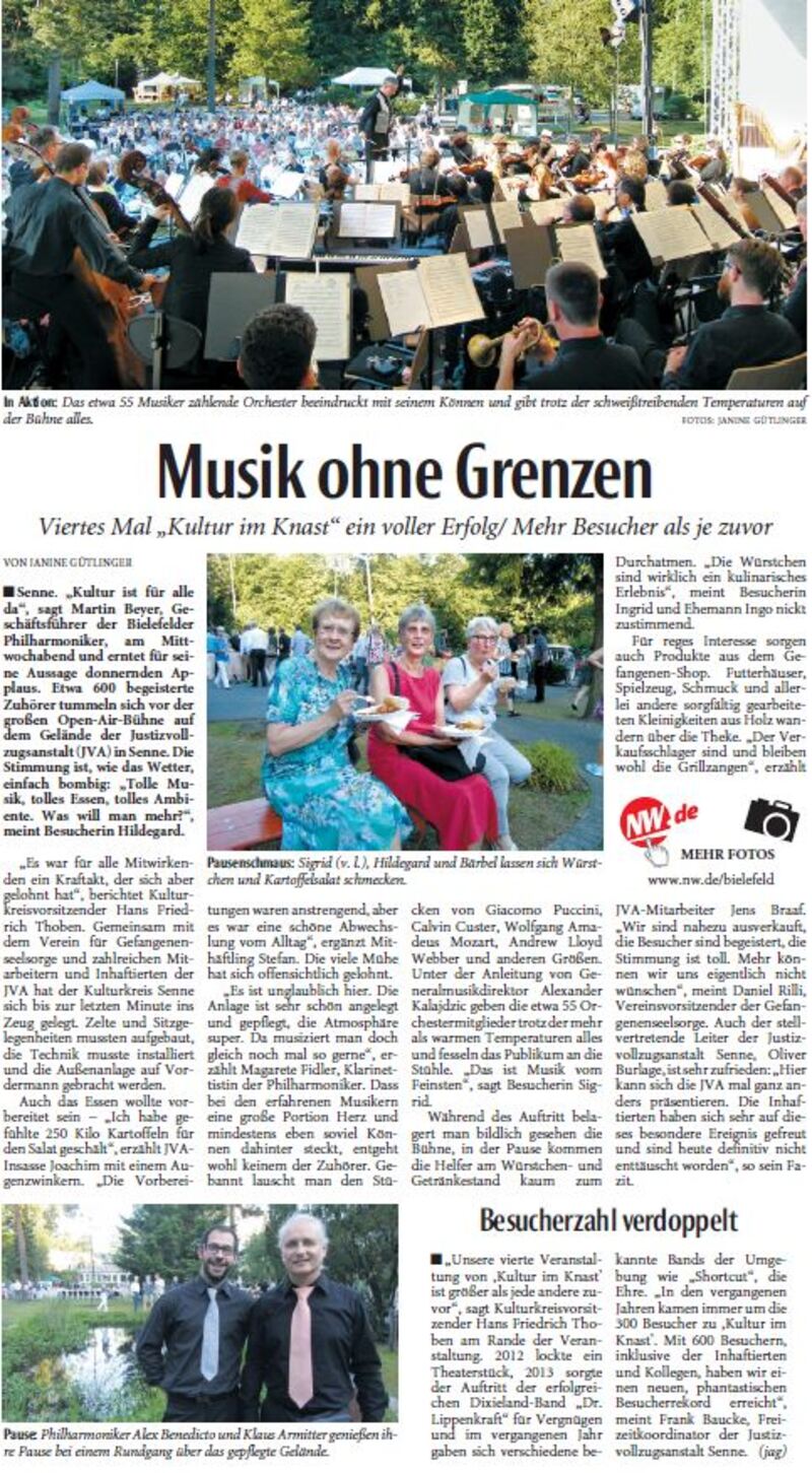 Zeitungsartikel Neue Westfälische vom 03.07.2015 Musik ohne Grenzen Zeitungsartikel Neue Westfälische vom 03.07.2015 Musik ohne Grenzen