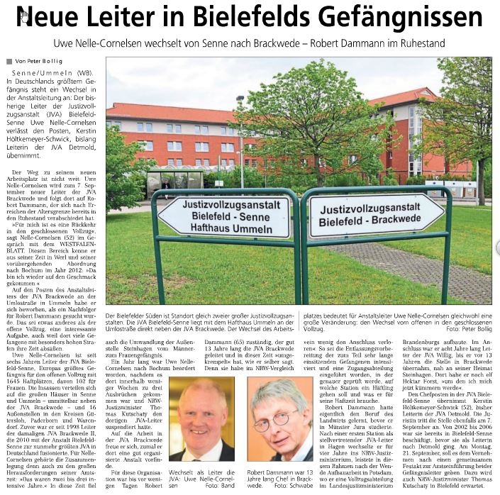 Zeitungsartikel Westfalen-Blatt vom 18.08.2015 Neue Leiter in Bielefelds Gefängnissen Zeitungsartikel Westfalen-Blatt vom 18.08.2015 Neue Leiter in Bielefelds Gefängnissen