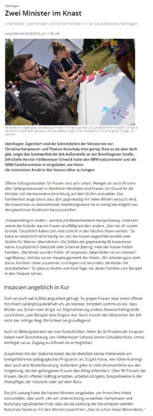 Zeitungsartikel Haller Kreisblatt vom 05.09.2016 Zwei Minister im Knast Zeitungsartikel Haller Kreisblatt vom 05.09.2016 Zwei Minister im Knast