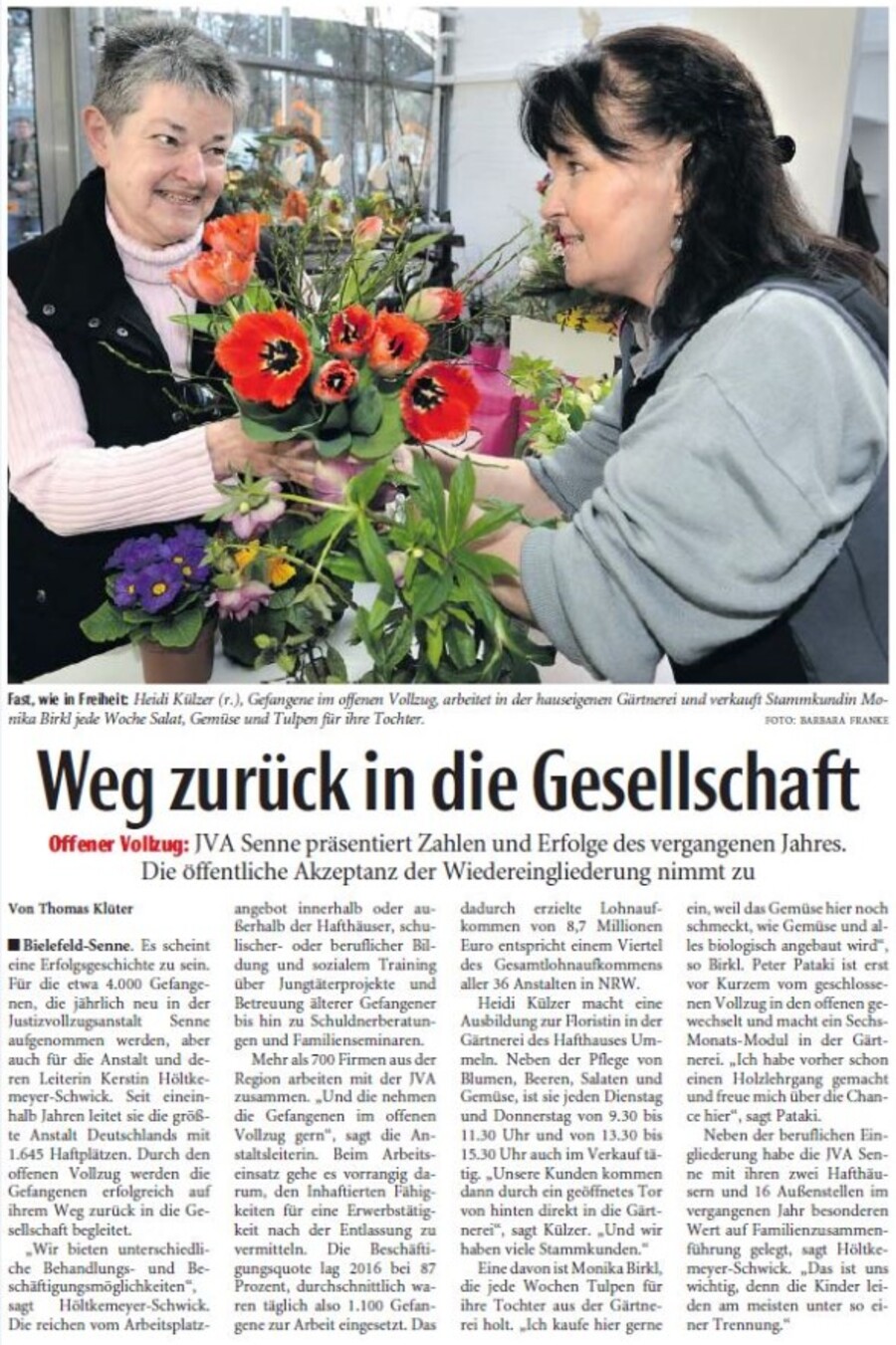 Zeitungsartikel Neue Westfälische vom 16.02.2017 Weg zurück in die Gesellschaft