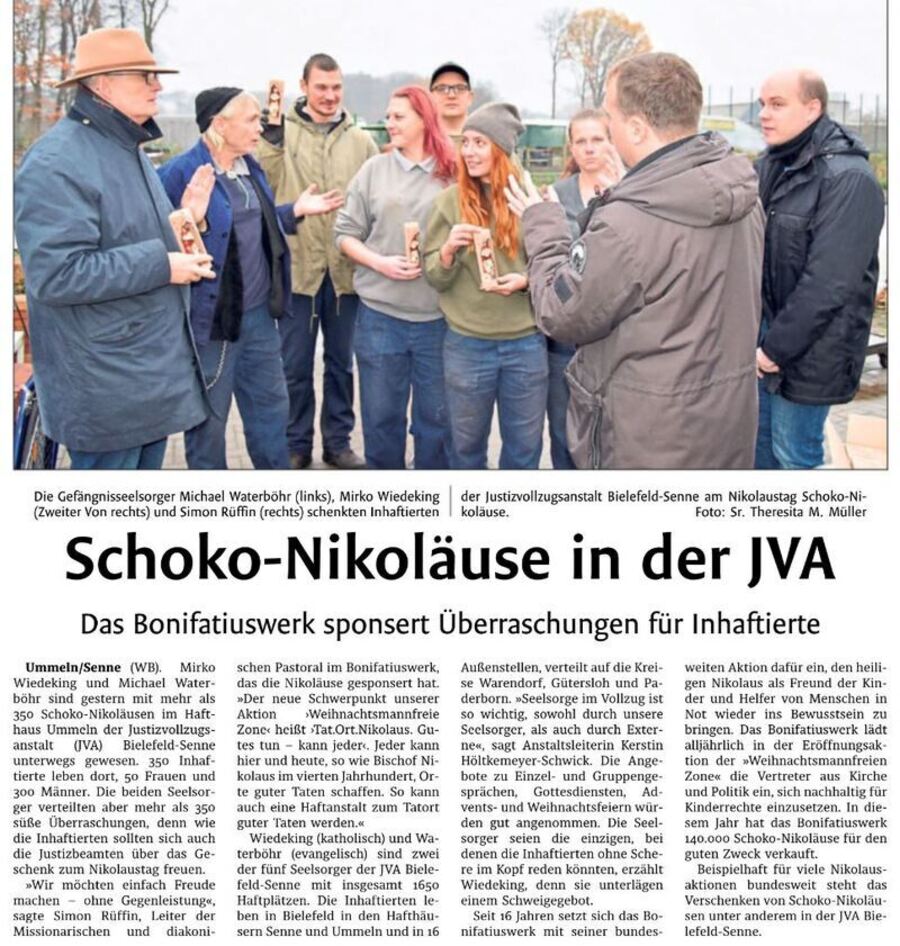Zeitungsartikel Westfalen-Blatt vom 07.12.2018 Schoko-Nikoläuse in der JVA Zeitungsartikel Westfalen-Blatt vom 07.12.2018 Schoko-Nikoläuse in der JVA