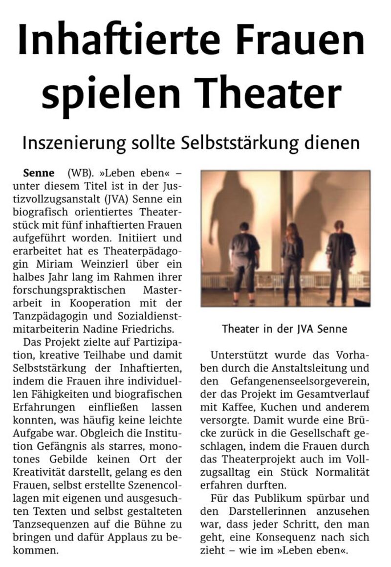 Zeitungsartikel Westfalen-Blatt vom 17.12.2018 Inhaftierte Frauen spielen Theater Zeitungsartikel Westfalen-Blatt vom 17.12.2018 Inhaftierte Frauen spielen Theater