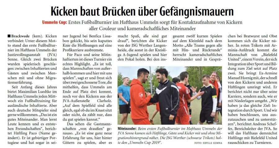 Zeitungsartikel Neue Westfälische vom 29.04.2019 Kicken baut Brücken über Gefängnismauern Zeitungsartikel Neue Westfälische vom 29.04.2019 Kicken baut Brücken über Gefängnismauern