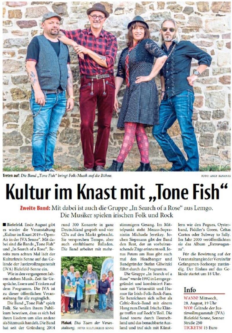 Zeitungsartikel Neue Westfälische vom 30.07.2019 Kultur im Knast mit Tone Fish