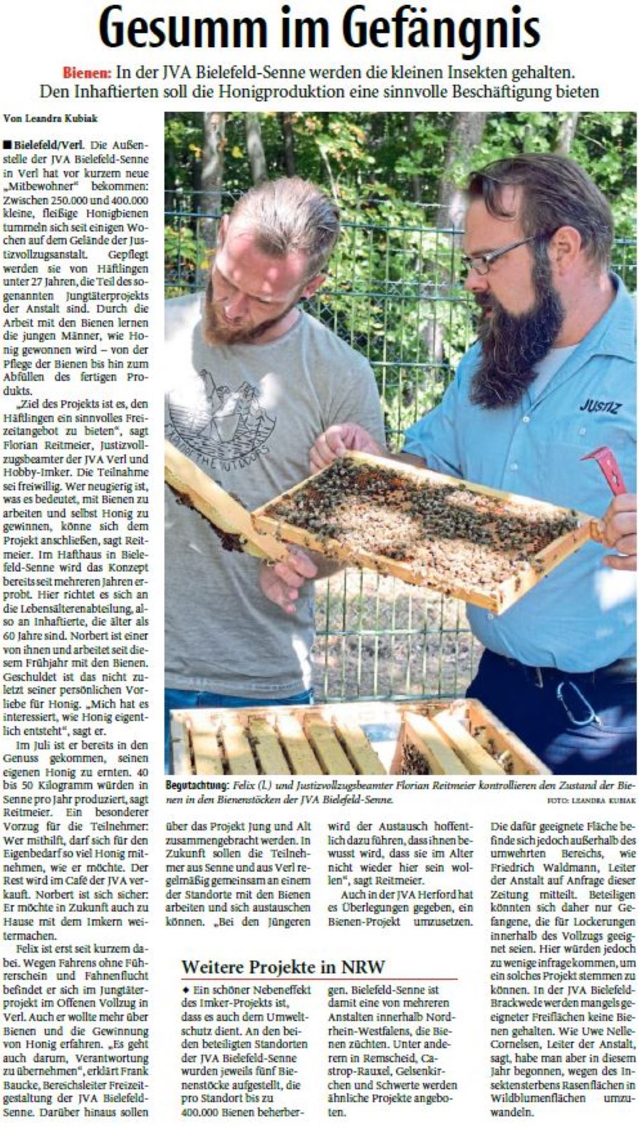 Zeitungsartikel Neue Westfälische vom 13.08.2019 Gesumm im Gefängnis Zeitungsartikel Neue Westfälische vom 13.08.2019 Gesumm im Gefängnis