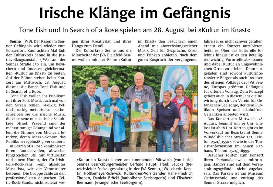 Zeitungsartikel Westfalen-Blatt vom 22.08.2019 Irische Klänge im Gefängnis Zeitungsartikel Westfalen-Blatt vom 22.08.2019 Irische Klänge im Gefängnis