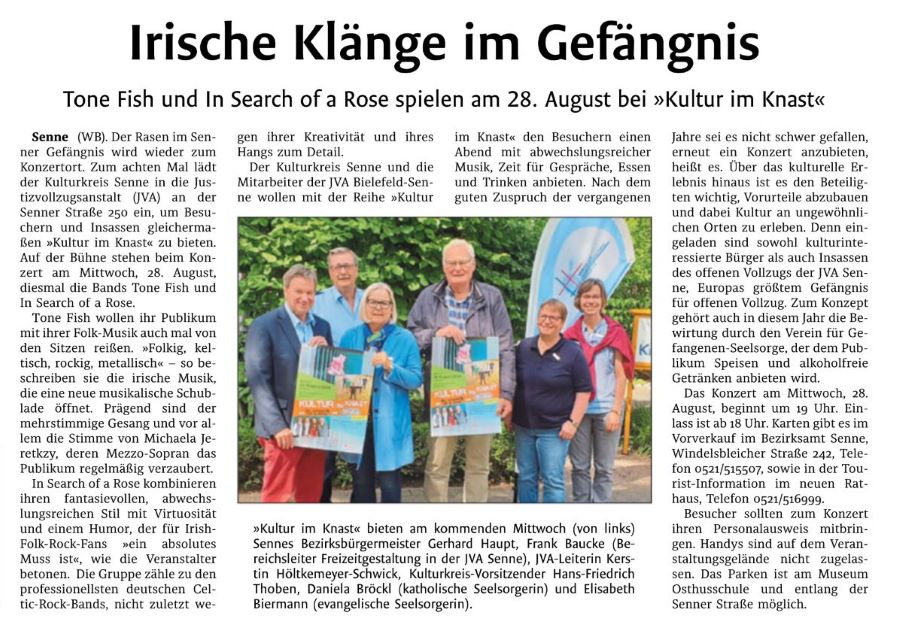 Zeitungsartikel Westfalen-Blatt vom 22.08.2019 Irische Klänge im Gefängnis