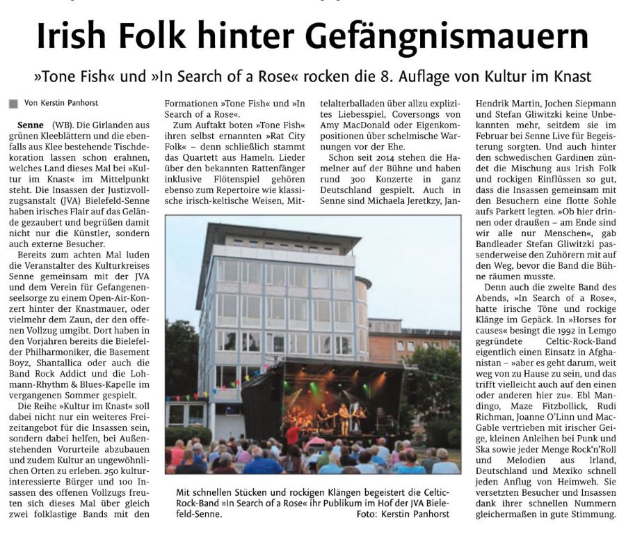 Zeitungsartikel Westfalen-Blatt vom 30.08.2019 Irish Folk hinter Gefängnismauern Zeitungsartikel Westfalen-Blatt vom 30.08.2019 Irish Folk hinter Gefängnismauern