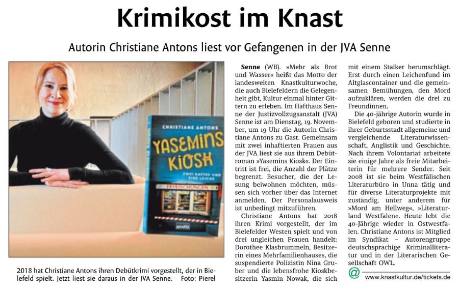 Zeitungsartikel Westfalen-Blatt vom 01.11.2019 Krimikost im Knast Zeitungsartikel Westfalen-Blatt vom 01.11.2019 Krimikost im Knast