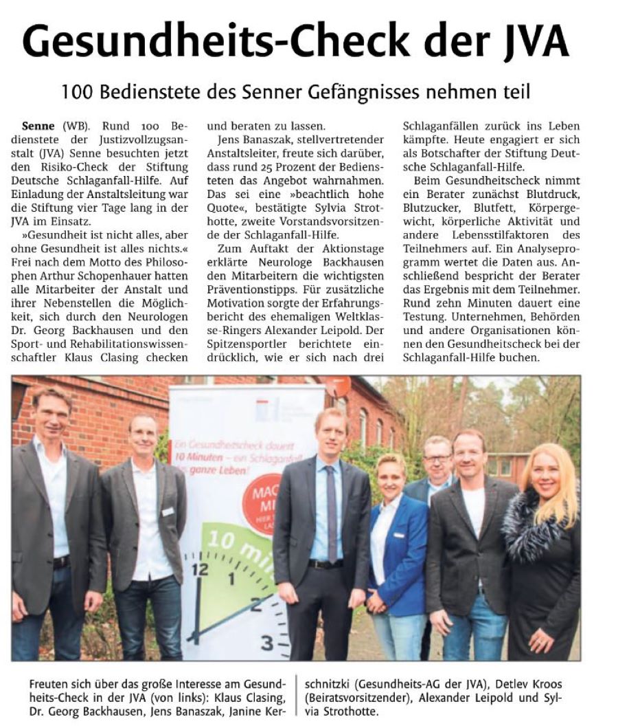Zeitungsartikel Westfalen-Blatt vom 15.03.2019 Gesundheits-Check der JVA Zeitungsartikel Westfalen-Blatt vom 15.03.2019 Gesundheits-Check der JVA