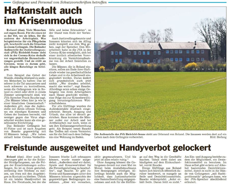 Zeitungsartikel Die Glocke vom 30.03.2020 Haftanstalt auch im Krisenmodus