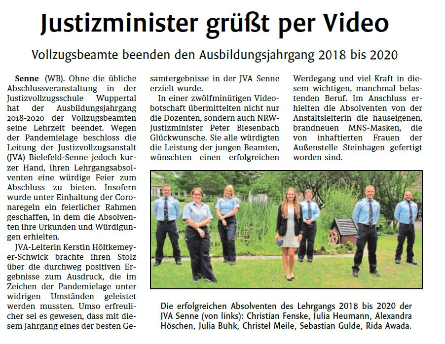 Zeitungsartikel Westfalen-Blatt vom 03.07.2020 Justizminister grüßt per Video Zeitungsartikel Westfalen-Blatt vom 03.07.2020 Justizminister grüßt per Video
