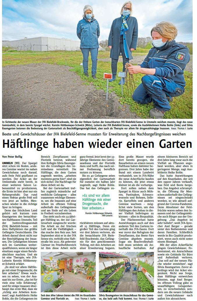 Zeitungsartikel Westfalen-Blatt vom 27.04.2021 Häftlinge haben wieder einen Garten Zeitungsartikel Westfalen-Blatt vom 27.04.2021 Häftlinge haben wieder einen Garten