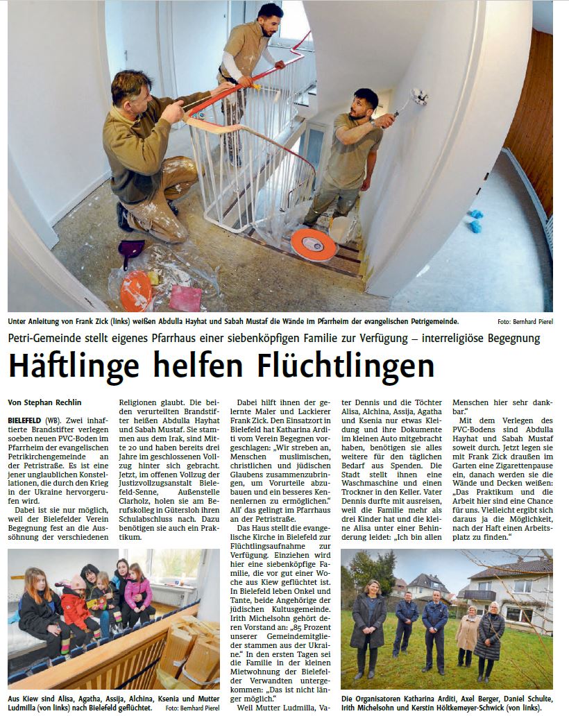 Zeitungsartikel Westfalen-Blatt vom 19.03.2022 Häftlinge helfen Flüchtlingen Zeitungsartikel Westfalen-Blatt vom 19.03.2022 Häftlinge helfen Flüchtlingen