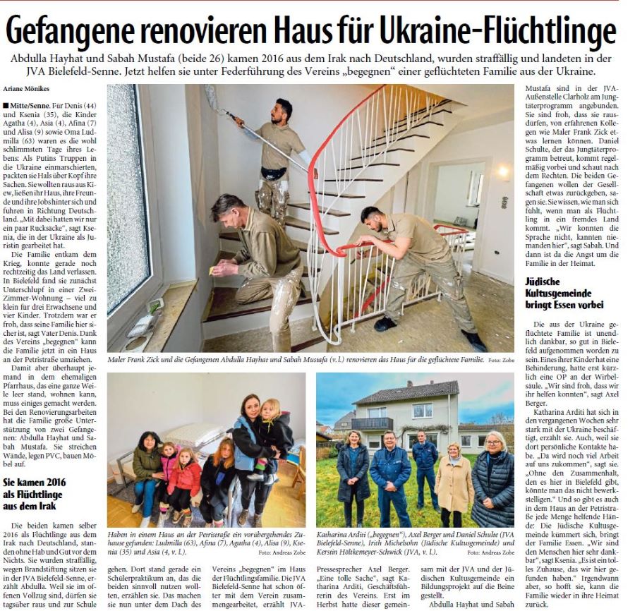 Zeitungsartikel Neue Westfälische vom 22.03.2022 Gefangene renovieren Haus für Ukraine-Flüchtlinge Zeitungsartikel Neue Westfälische vom 22.03.2022 Gefangene renovieren Haus für Ukraine-Flüchtlinge